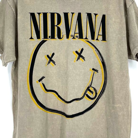 Officially Licensed Nirvana Nevermind Smiley Grunge Tee Beige Acid Wash Large - Picture 3 of 6